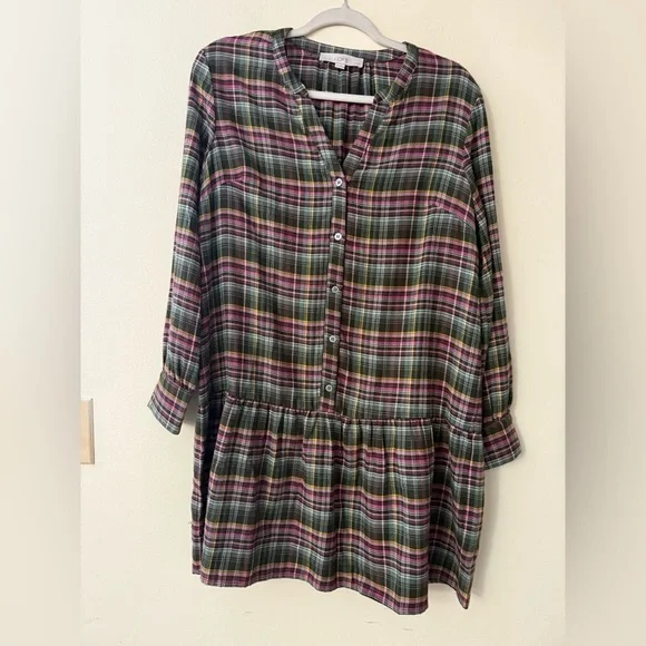 LOFT Multicolor Plaid Flounce Shirt Dress, colors green/pink/yellow, size MP - Picture 2 of 8